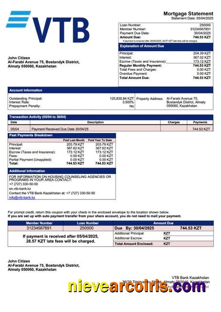 Kazakhstan VTB Bank Kazakhstan mortgage statement Word and PDF template